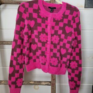 Forever 21 Fuzzy Checkered Flower and Heart Sweater Size Small